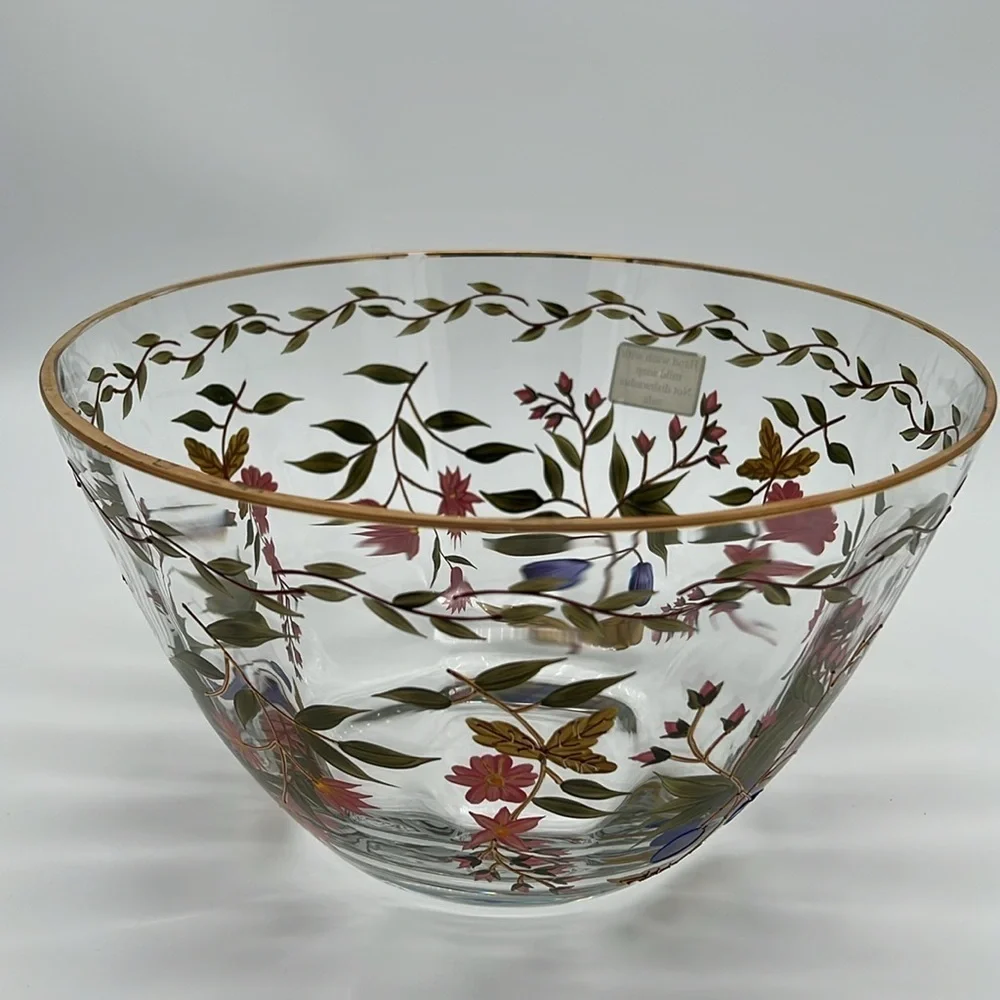 Crystal Clear Industries Hand Painted “Amelia” 11” Bowl With 22kt Gold Floral